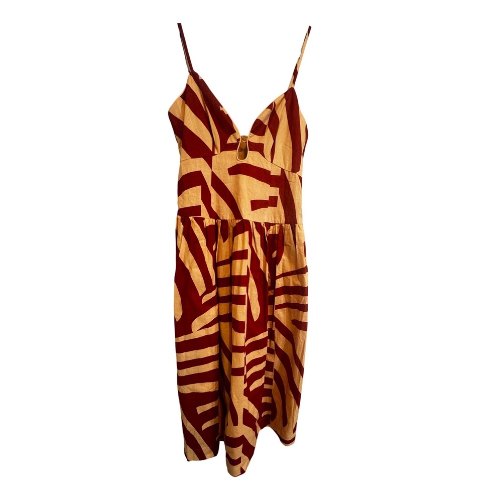 Mon Renn Abstract Print Midi Dress Rust Tan V-Neck Keyhole Cutout Womens Size M